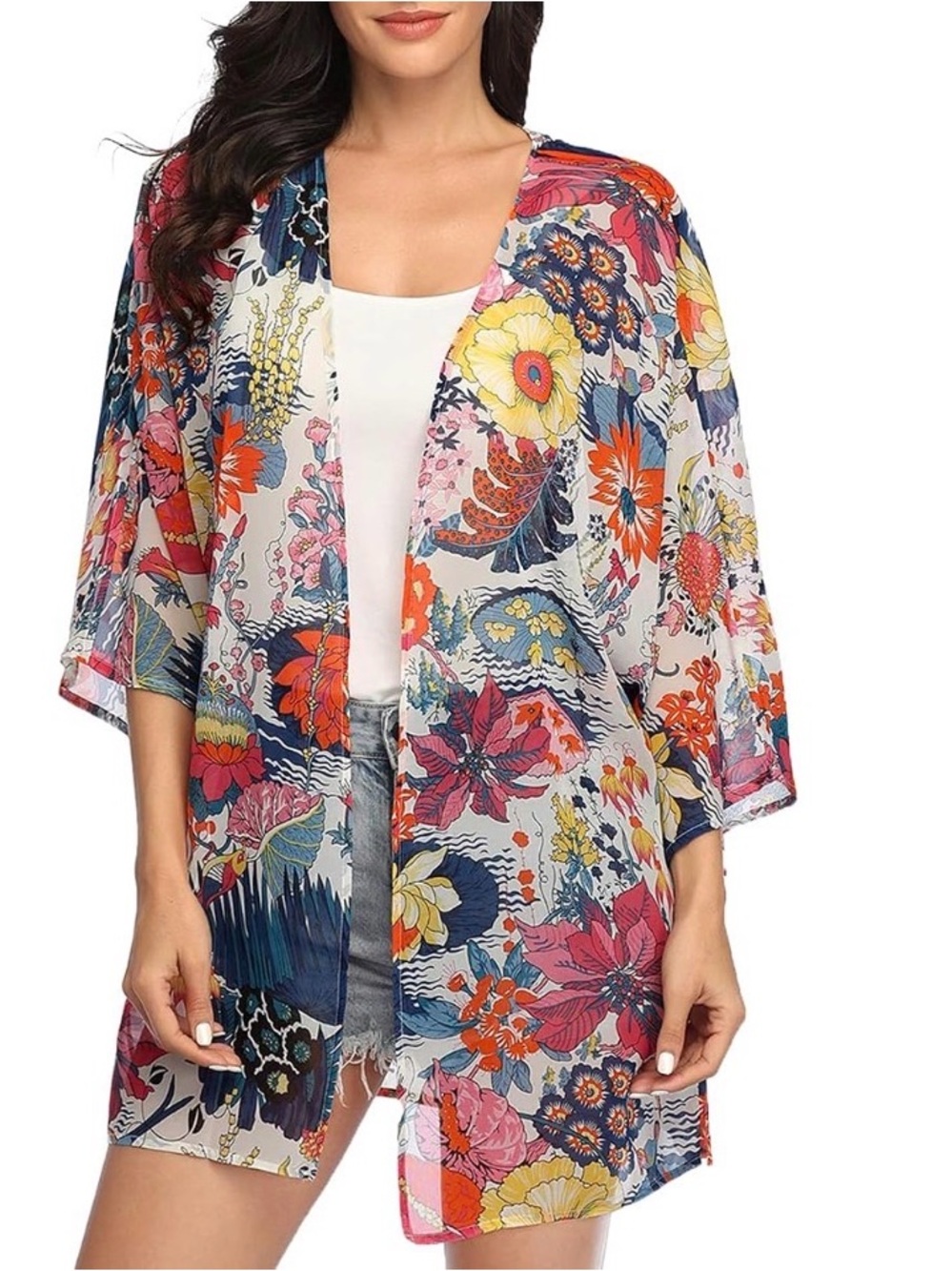 Women’s Tropical Floral Print Sheer Half Sleeve Chiffon Beach Coverup Kimono 4XL